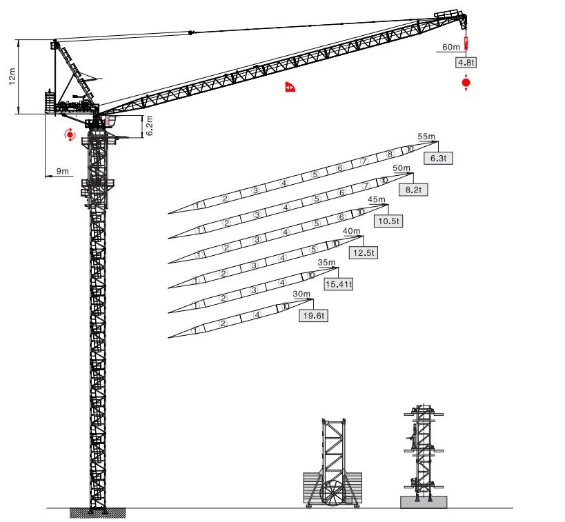 Sun Factory Qtd6048 Length 60 Meters Small Stationary Flat Top Tower Crane for Sale Construction Machinery Topless Equipment Derrick Crane