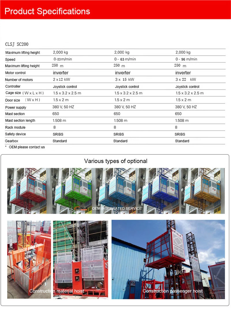 Construction Rack and Pinion Elevator Sc200/200 0-34m/Min Speed Building Passenger and Material Hoist